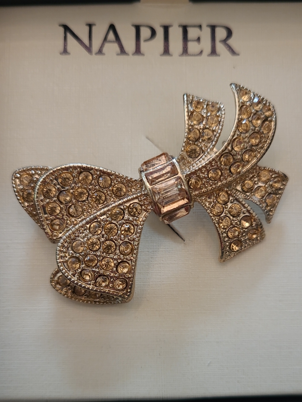 Vintage Napier Gold-Tone Champagne Crystal Pave Bow Brooch, IOB